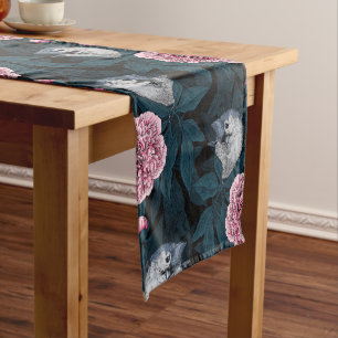 Birds and pink peony flowers with leaves short table runner