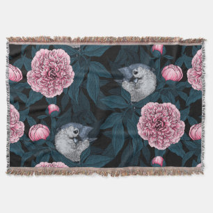 Birds and pink peony flowers with leaves throw blanket