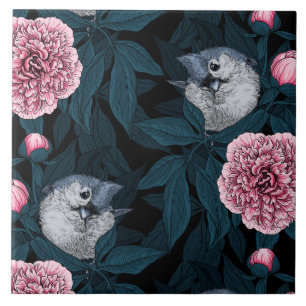 Birds and pink peony flowers with leaves tile