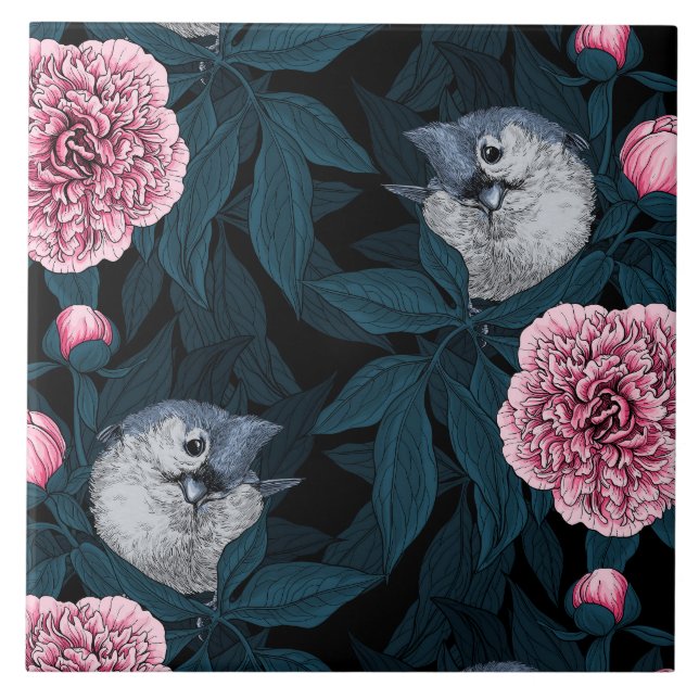Birds and pink peony flowers with leaves tile (Front)