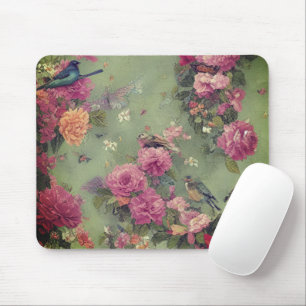 Birds and Pink Roses Vintage Floral Sage Green Mouse Mat