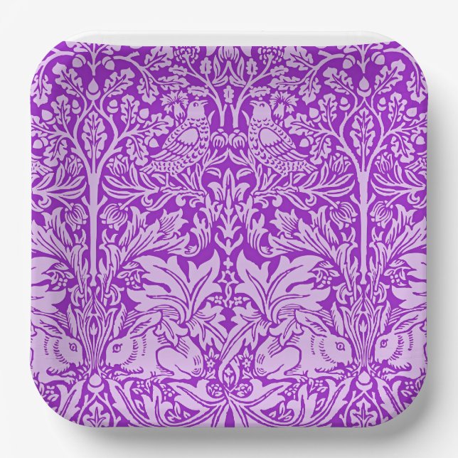 Birds and Rabbits design, colourful lavender, Paper Plate (Front)