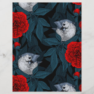 Birds and red peony flowers with blue leaves
