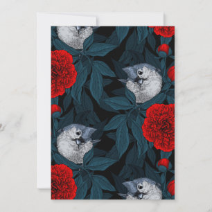 Birds and red peony flowers with blue leaves