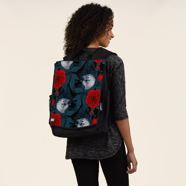 Birds and red peony flowers with blue leaves backpack (Worn)