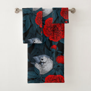 Birds and red peony flowers with blue leaves bath towel set