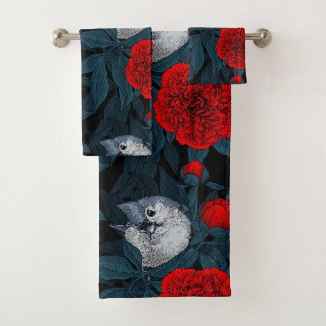 Birds and red peony flowers with blue leaves bath towel set (Insitu)