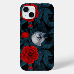 Birds and red peony flowers with blue leaves iPhone 15 mini case