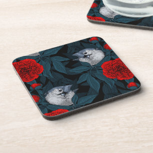 Birds and red peony flowers with blue leaves coaster