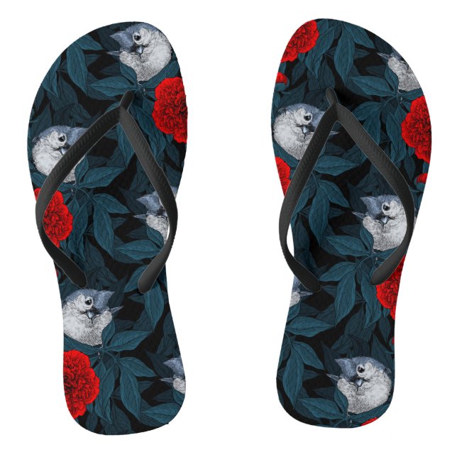 Birds and red peony flowers with blue leaves flip flops (Footbed)
