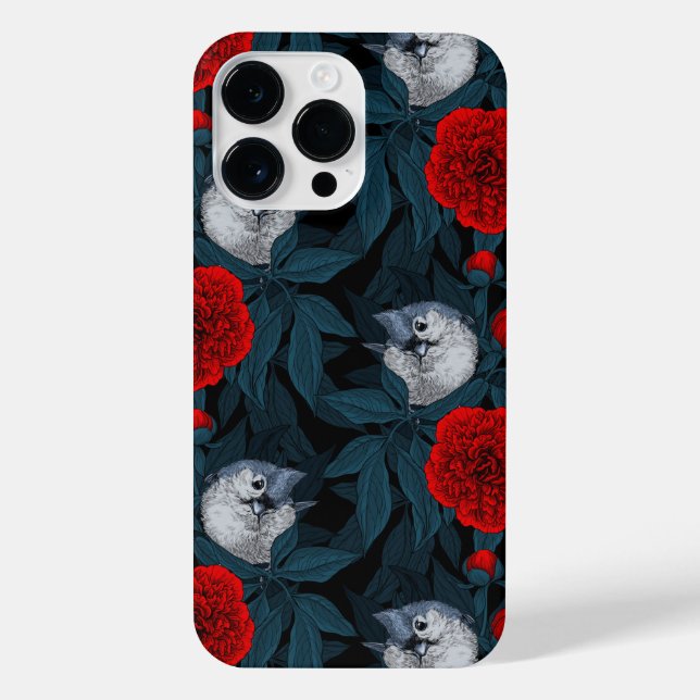 Birds and red peony flowers with blue leaves iPhone case (Back)