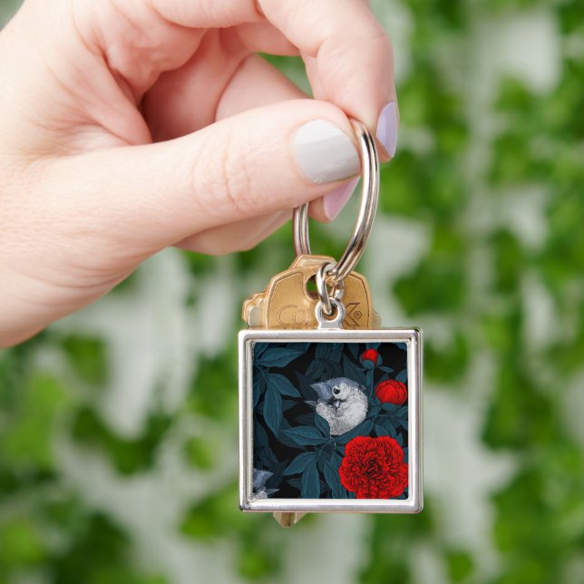 Birds and red peony flowers with blue leaves key ring (Hand)