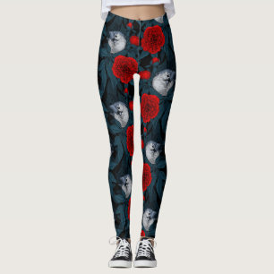 Birds and red peony flowers with blue leaves leggings