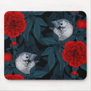 Birds and red peony flowers with blue leaves mouse mat