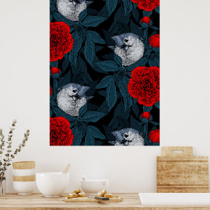 Birds and red peony flowers with blue leaves poster
