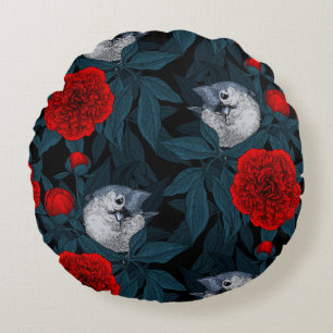 Birds and red peony flowers with blue leaves round cushion
