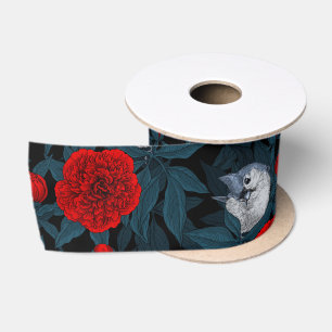 Birds and red peony flowers with blue leaves satin ribbon