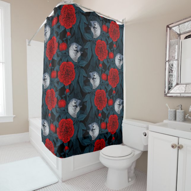 Birds and red peony flowers with blue leaves shower curtain (In Situ)