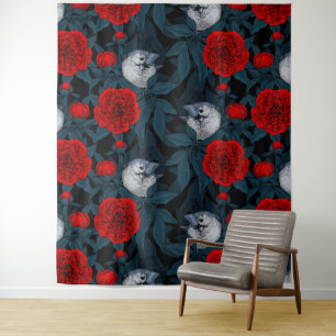 Birds and red peony flowers with blue leaves tapestry