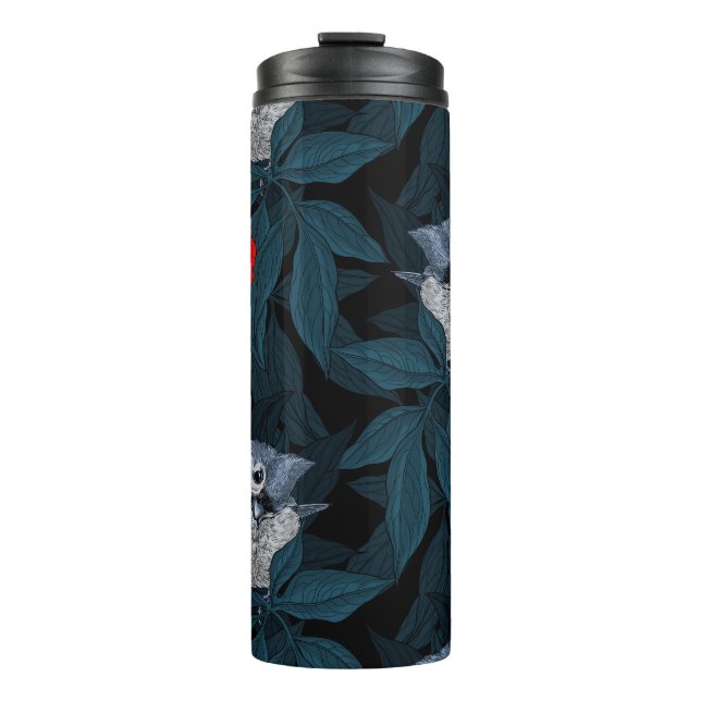 Birds and red peony flowers with blue leaves thermal tumbler (Front)