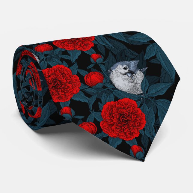 Birds and red peony flowers with blue leaves tie (Rolled)