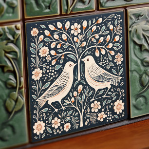 Birds and Tree of Life Blue Orange Art Nouveau Tile