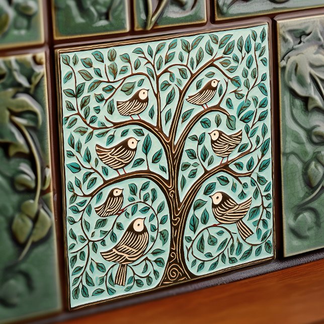 Birds and Tree of Life Sage Green Art Nouveau Tile (Creator Uploaded)