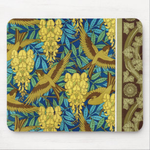Birds and wisteria Verneuil blue brown yellow Mouse Mat