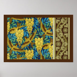 Birds and wisteria Verneuil blue brown yellow Poster