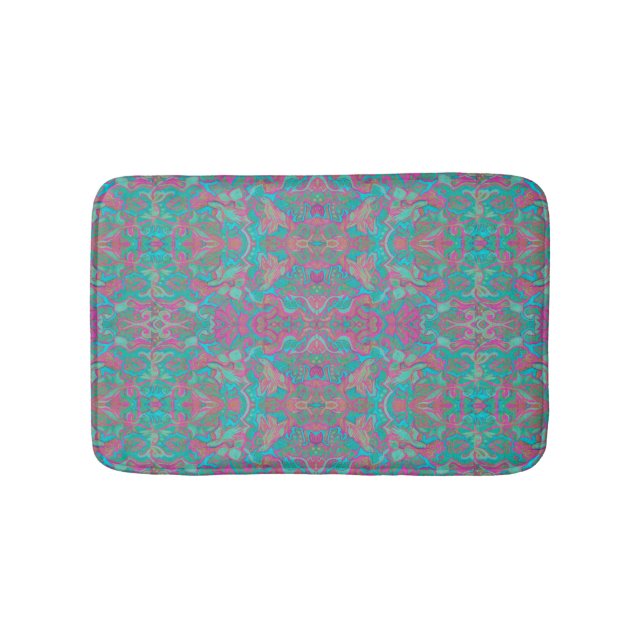 Birds Arabesque Bohemian Pattern Turquoise Pink Bath Mat (Front)