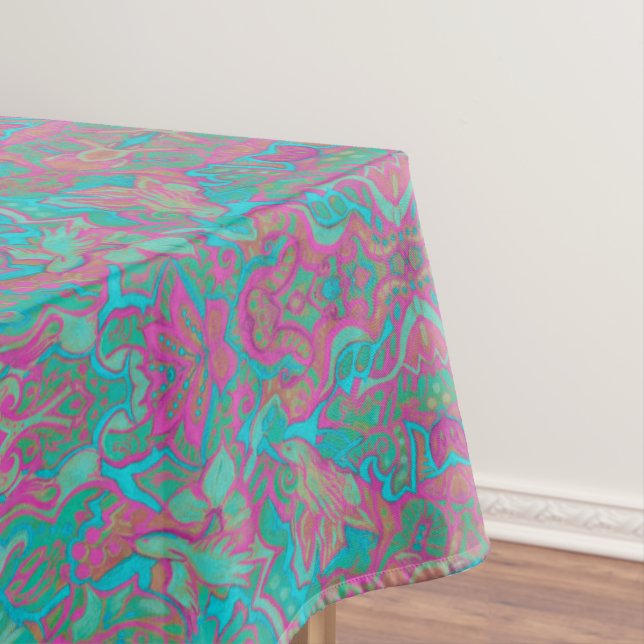Birds Arabesque Bohemian Pattern Turquoise Pink Tablecloth (In Situ)
