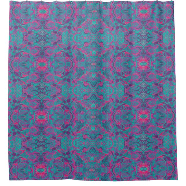 Birds Arabesque Bohemian Turquoise Purple Fuchsia Shower Curtain (Front)