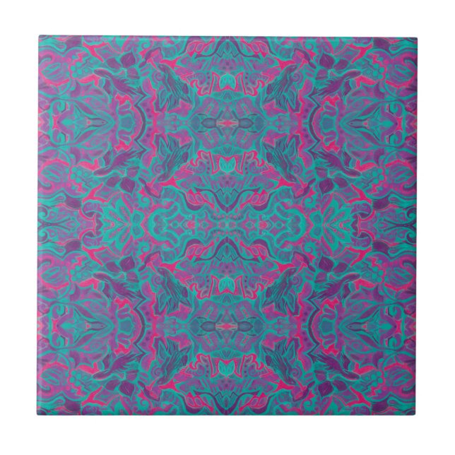 Birds Arabesque Bohemian Turquoise Purple Fuchsia Tile (Front)