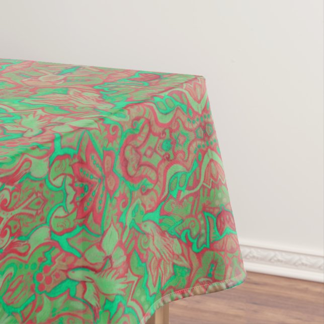 Birds Arabesque Oriental Bohemian Boho Red Green Tablecloth (In Situ)
