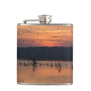 Birds at sunrise hip flask