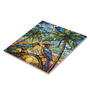 Birds at Sunrise Stained glass art Tile