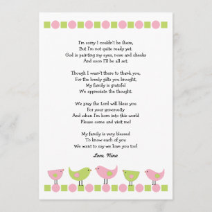 Birds baby shower thank you notes / pink green invitation
