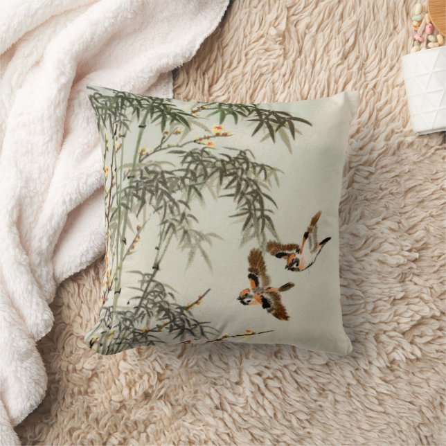 Birds Bamboo Asian Japanese Vintage Cushion (Blanket)