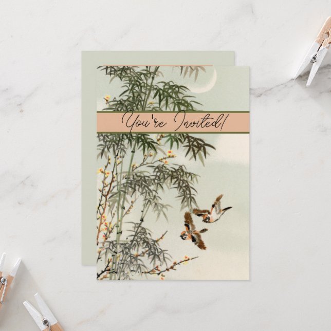 Birds Bamboo Asian Japanese Vintage Invitation (Front/Back In Situ)