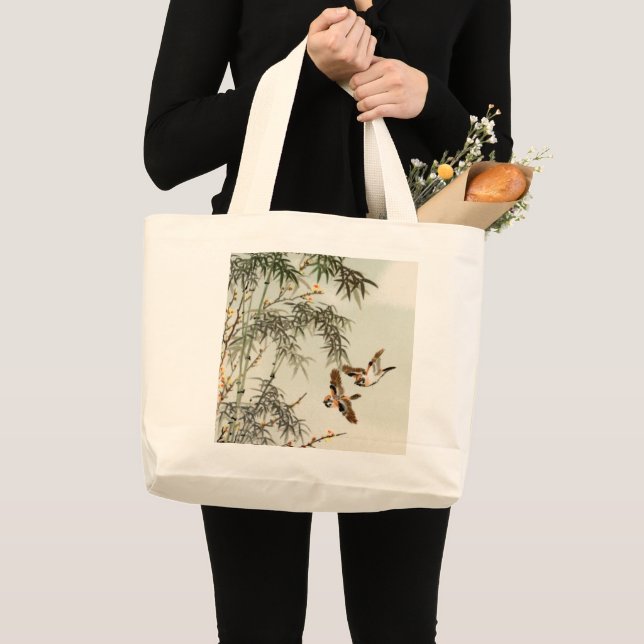 Birds Bamboo Asian Japanese Vintage Large Tote Bag (Front (Product))