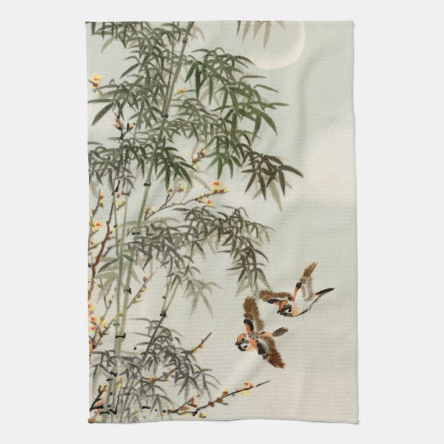 Birds Bamboo Asian Japanese Vintage Tea Towel (Vertical)