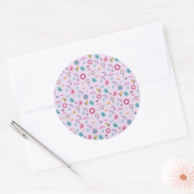 Birds, Bees, and Butterflies Floral Classic Round Sticker (Envelope)