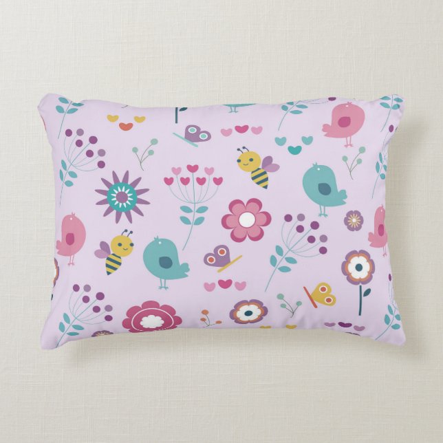 Birds, Bees, and Butterflies Floral Decorative Cushion (Front)