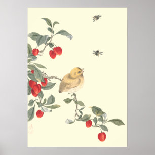 Birds, Bees & Cherries antique oriental art Poster