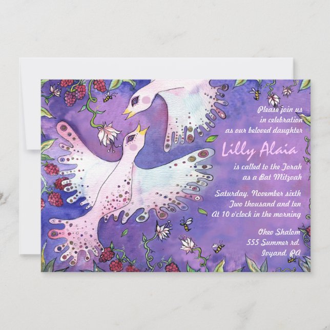 Birds & Bees Watercolor Bat Mitzvah Invitation (Front)