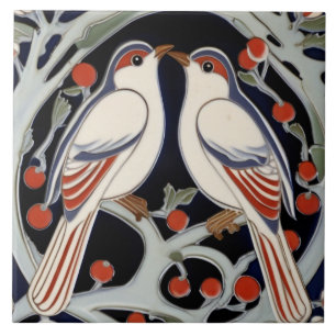 Birds & Berries Art Nouveau Red Bird Art Deco Tile