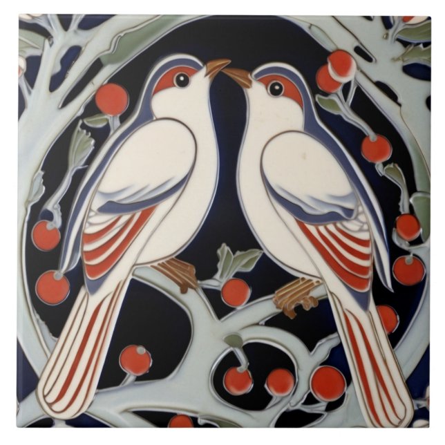 Birds & Berries Art Nouveau Red Bird Art Deco Tile (Front)