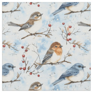 Birds & Berries on Blue Fabric