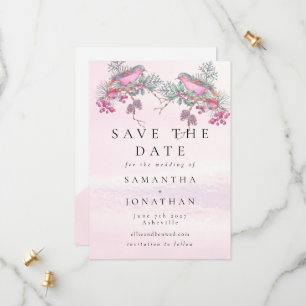 Birds & Berries Pinecone Watercolor Winter Wedding Save The Date
