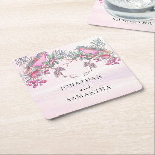 Birds & Berries Pinecone Watercolor Winter Wedding Square Paper Coaster